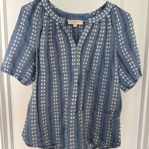 LOFT Blue Floral Stripe Peasant Blouse